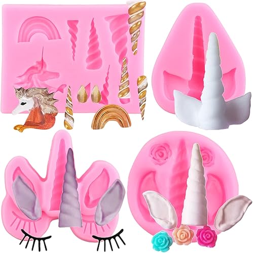 Mujiang Molde de silicona de unicornio con orejas de unicornio, cuerno, flores de arco iris, moldes para fondant para cupcakes, decoración de disponible en Yaxa Colombia
