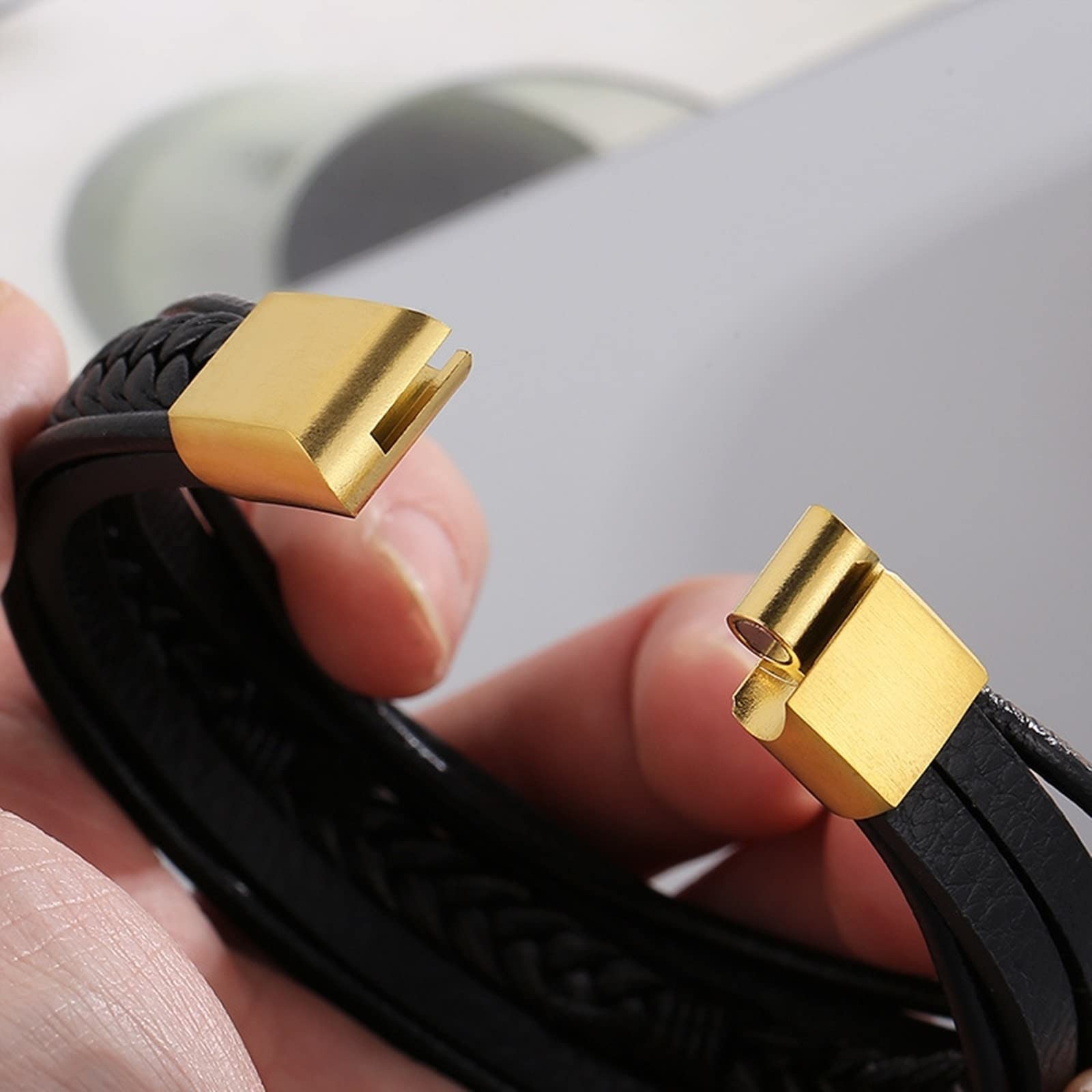 Pulseras de Fiesta, Pulsera de Cuero PU con, Pulseras Navideñas de Cuero Tejido para Hombre, Acero Inoxidable con Cierre Magnético, Regalos BFF, 21 centímetros, Piel Sintética, Sin Circonitas