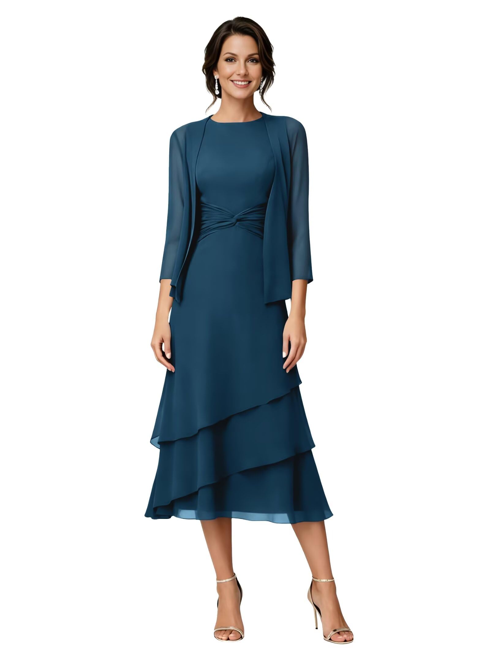 Brautmutterkleider aus Chiffon Teelänge Lange Ärmel Formelles Abendkleid mit Jacke