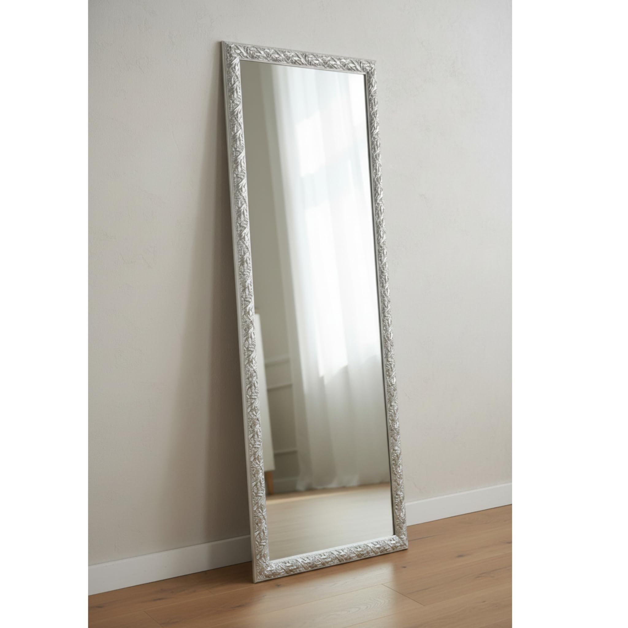 MO.WA Specchio da Parete Argento Cornice Barocca in Legno cm. 55x145 da Appendere Verticale/Orizzontale. per Ingressi, Camere da Letto, Bagni, Soggiorni e Tutti Gli Ambienti. Made in Italy.