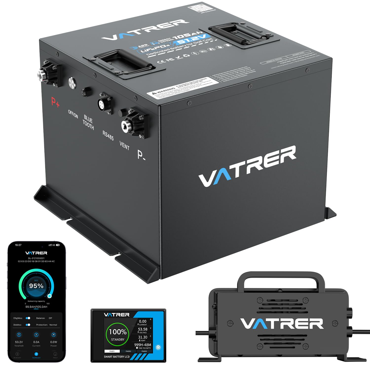 VATRER POWER Batería LiFePO4 51.2V 105Ah para Carrito de Golf | App Bluetooth · BMS inteligente de 200 A · Compatible con Club Car, EZGO, Yamaha, Garia, Melex e Italcar