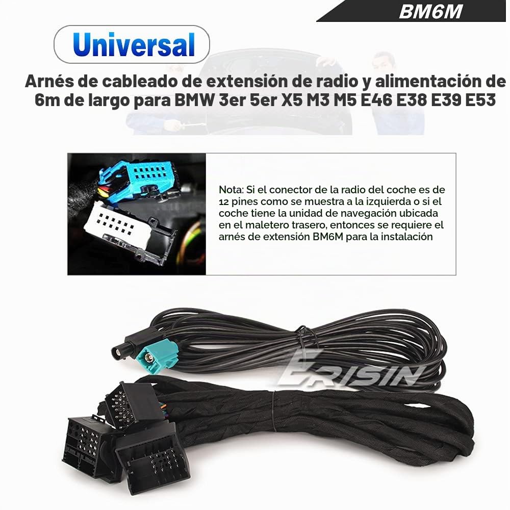 Erisin BM6M Cable de Extensión de Alimentación 6M Arnés de Cables 12 pines Macho Radio para el Mercado de Accesorios BMW 3/5 Series X5 M3 M5 E46 E53 E39 E38 GPS Radio de Coche