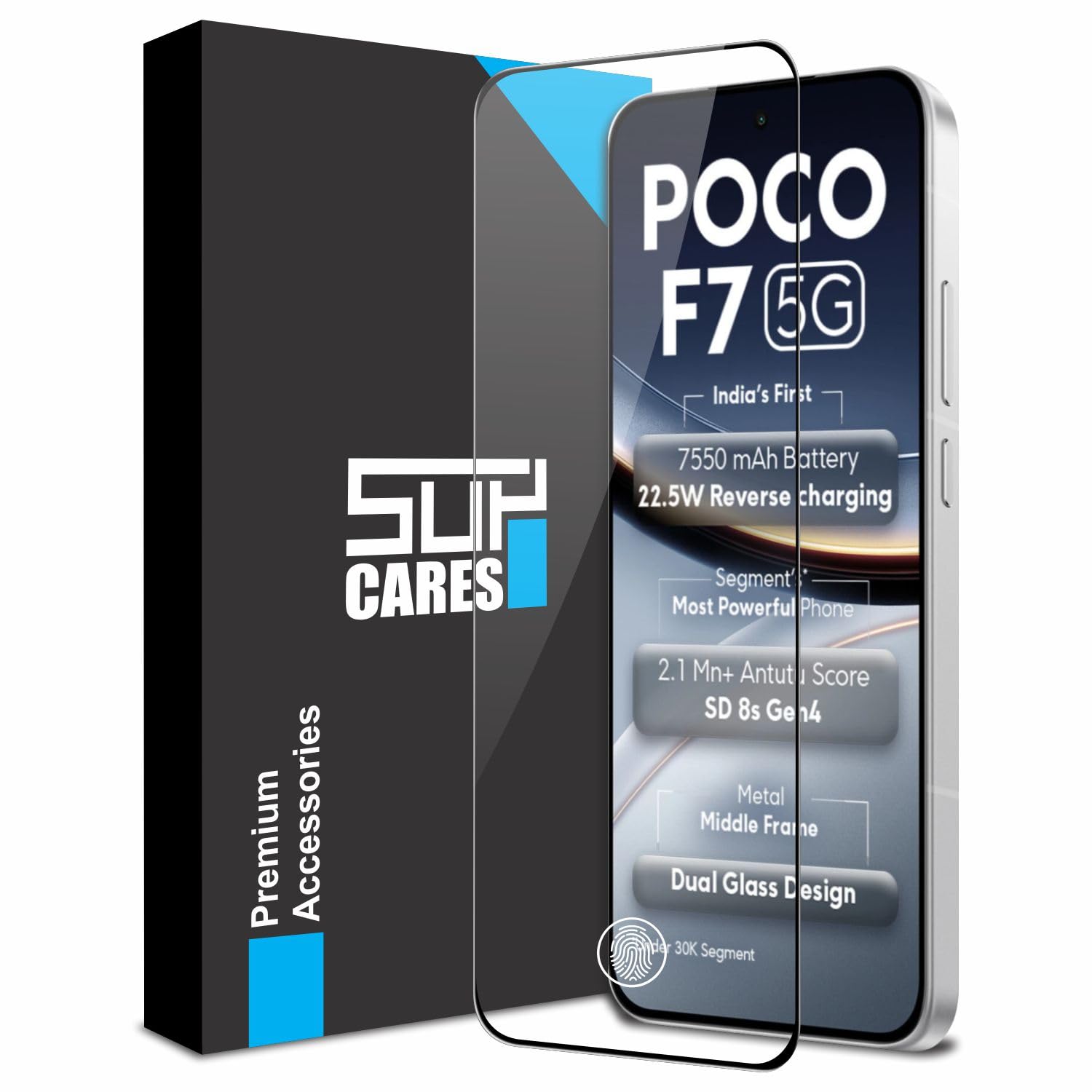 supcares military-grade gorilla tempered glass screen protector for poco f7 (6.83 inch) with installation kit | edge to edge coverage | black