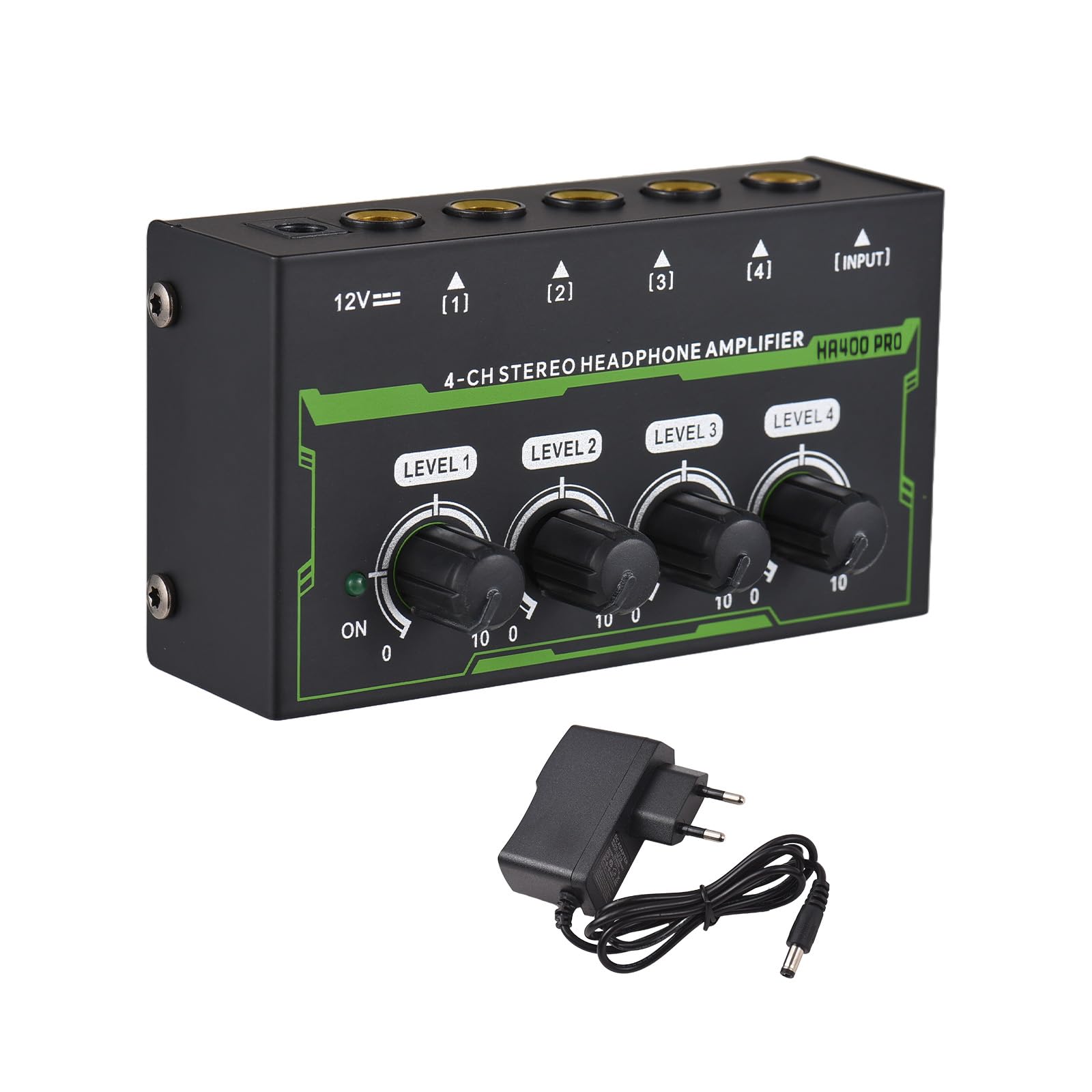 Btuty Amplificateur Pour Casque Stéréo à 4 Canaux Mini Amplificateur Audio avec Adaptateur D'alimentation DC 12 V Interface D'entrée/Sortie De 6,35 MM Splitter