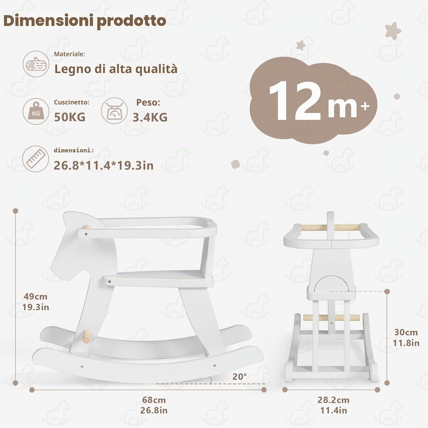 labebe Cavallo Dondolo Legno Bianco Classic, Sedia Dondolo Bambini per 6-36 Mesi, Giochi Cavalcabili Bambini/Dondolo Bambino/Dondolo Neonati Elettrico Dondolo Cavallo Bianco