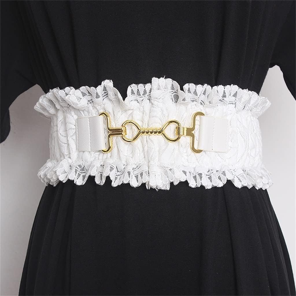 Female Girdle Wide Lace Decorative Elastic Belt Women Elegant Solid Color Buckle Flexible Waist Belts (Color : White, Size : 60 * 10cm)