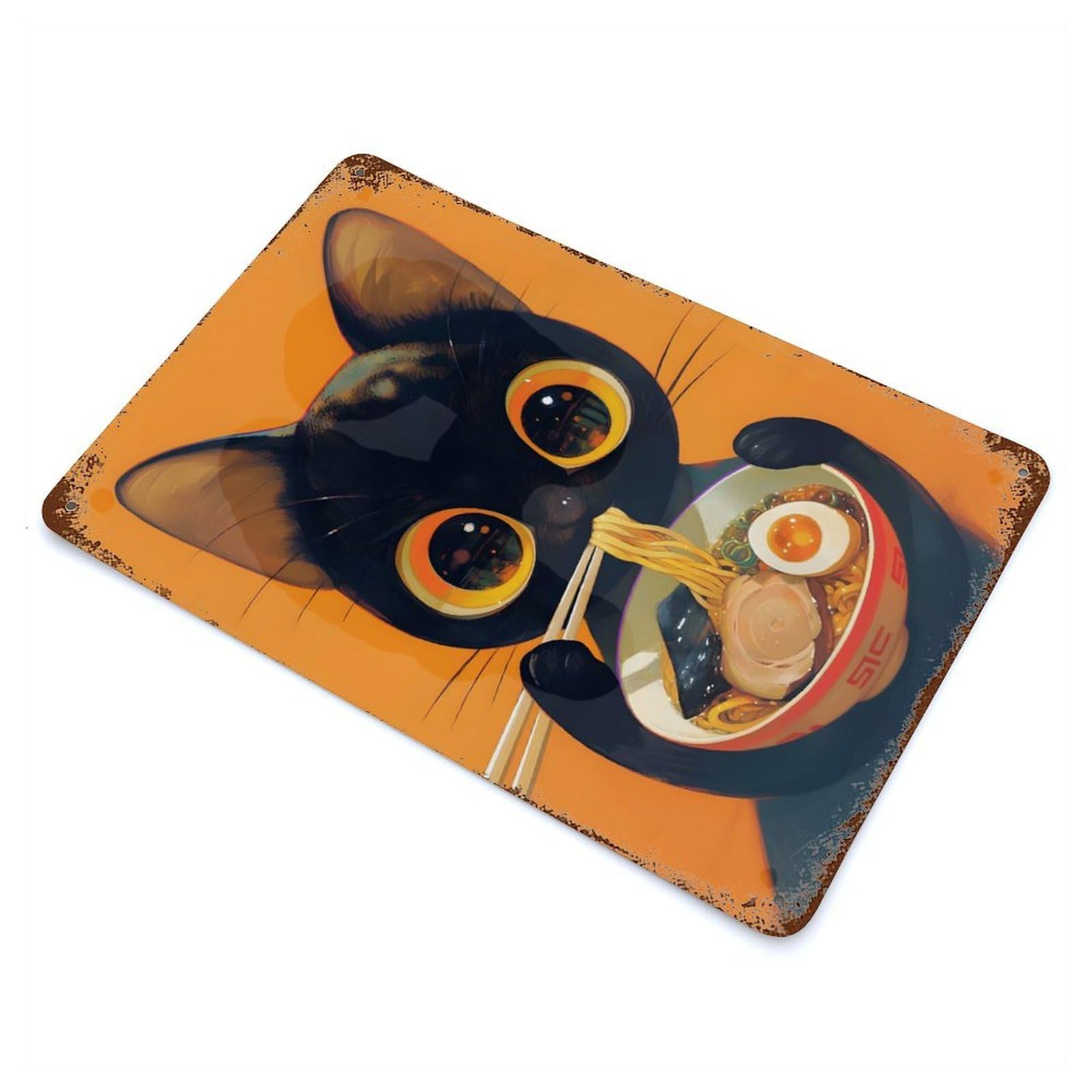 Black Cat Eating Ramen Illustration 11.8"x7.9" Rusty Metal Tin Sign, Shabby Chic Decor for Bistro, Counter And Cafe Decor
