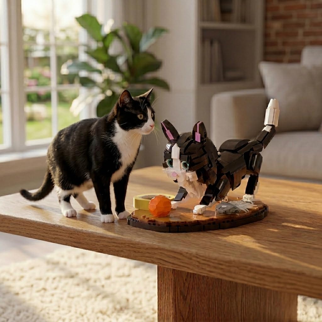 Xbert 1200PCS Tuxedo Cat Building Block Sets, Playable Cats with Fish Bone,Cat Food, Ball Toy, Animal Figurines Home Desk Decor for Adult&Teen, Gifts for Cats Lovers