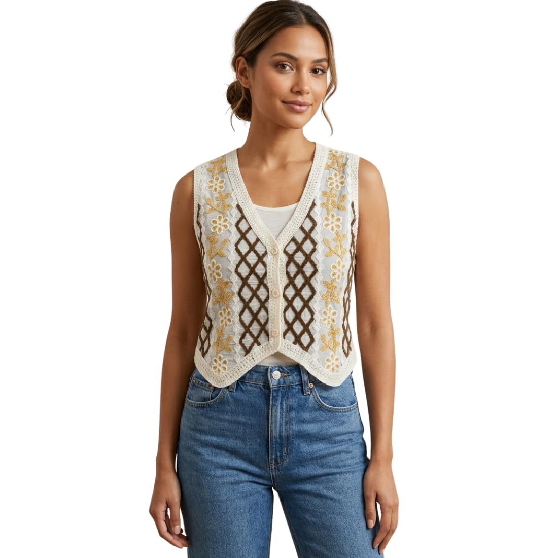 Women Crochet Knit Vest Sleeveless Button Front Floral Embroidered Boho Crop Top Lightweight Open Knit Cardigan Jacket for Casual Summer Travel Everyday Wear-image-11