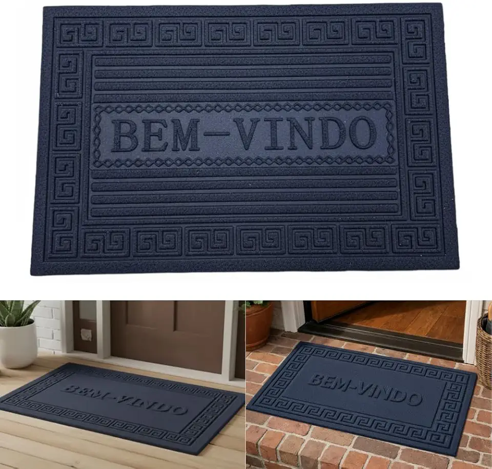 Tapete Capacho Bem Vindo Antiderrapante 36x56cm - Capacho para Porta de Entrada, Tapete Emborrachado Base Antiderrapante e Absorvente para Casa Cozinha Banheiro - Amel (Azul Escuro)