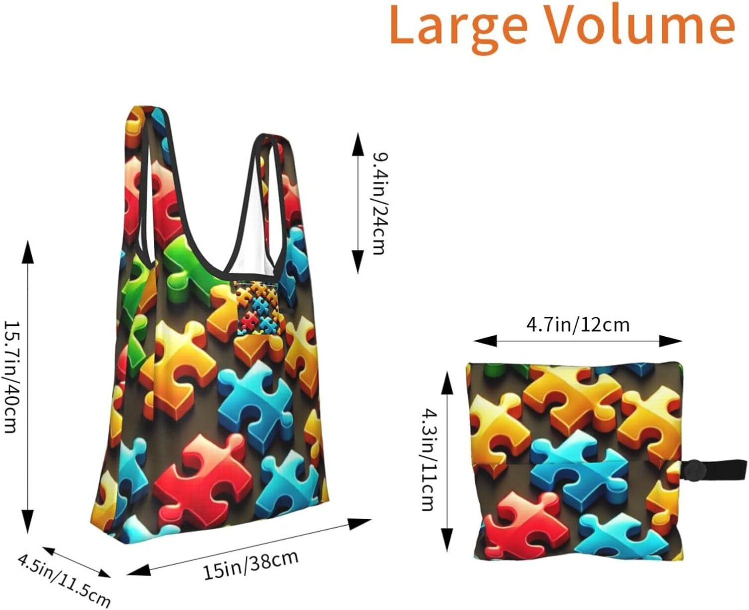 Autism-Jigsaw-Puzzle-Pieces Reusable Foldable Shopping Bag, Portable Grocery Bag For Daily Use image 2