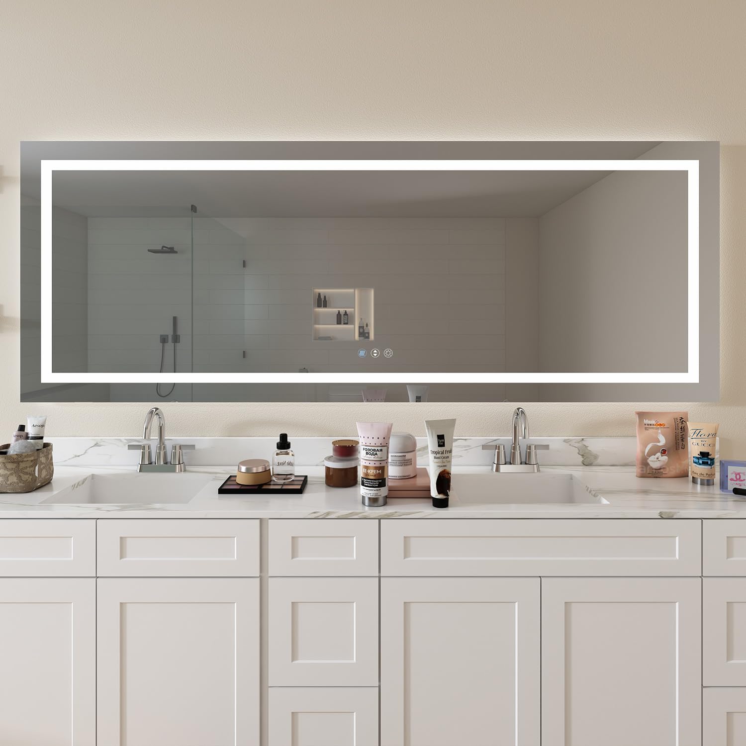 Generic 94 in W x 48 in Customized H LED Rectangular Frameless Anti Fog Bathroom Mirror Front Backlit