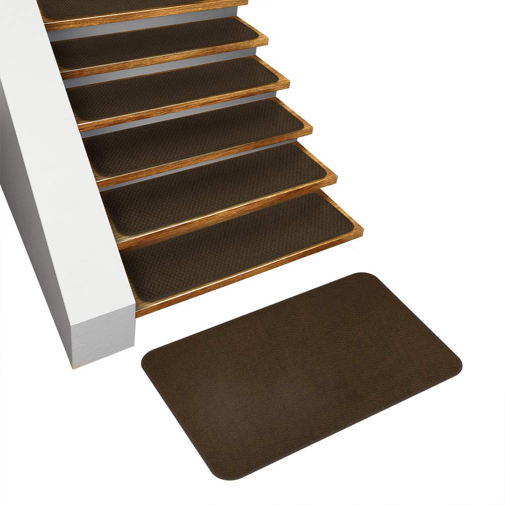 House, Home and More Set of 15 Skid-Resistant Carpet Stair Treads and Matching Landing Rug - Chocolate Brown