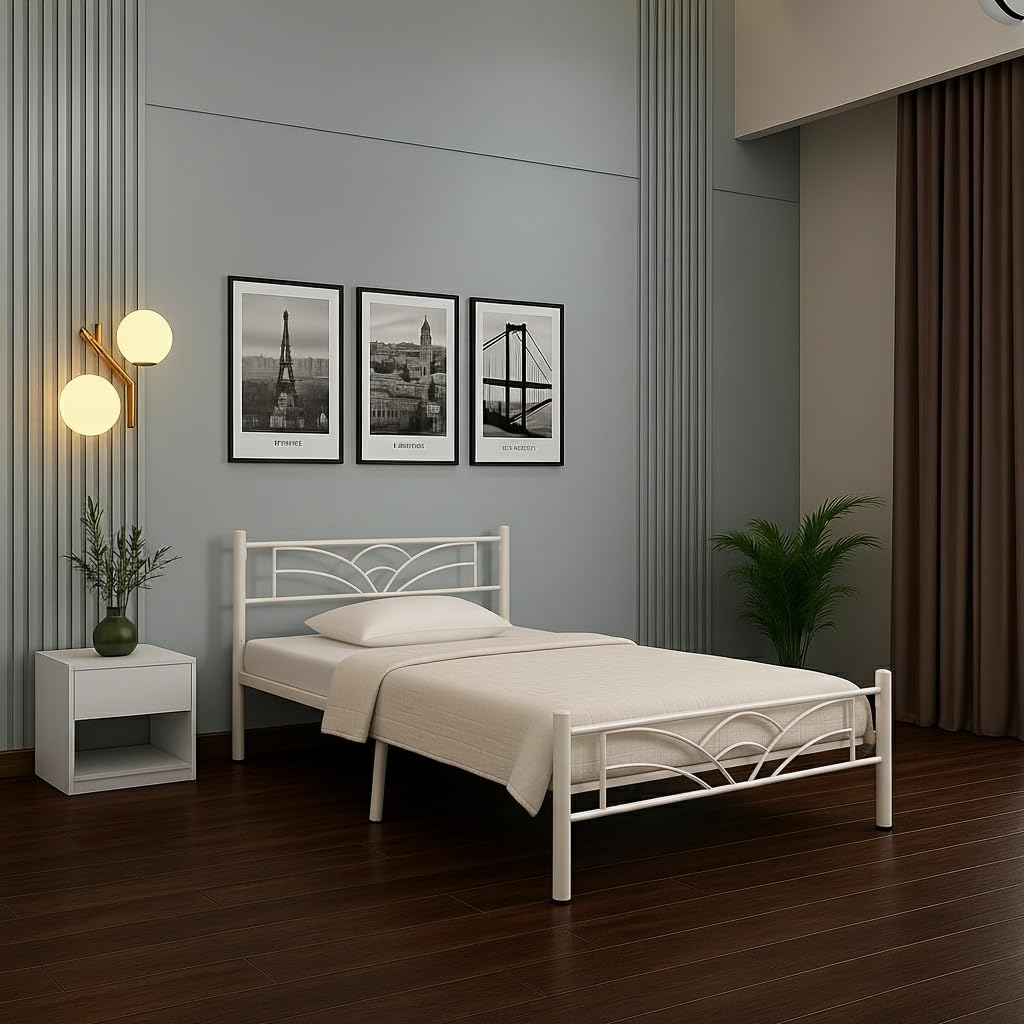 Zyra Metal Queen Size Bed Without Storage | Wrought Iron Double Bed with Headboard & Footboard | Sturdy Powder Coated Platform Bed Queen Size Cot for Bedroom Living Room Ivory (75x60)-image-12