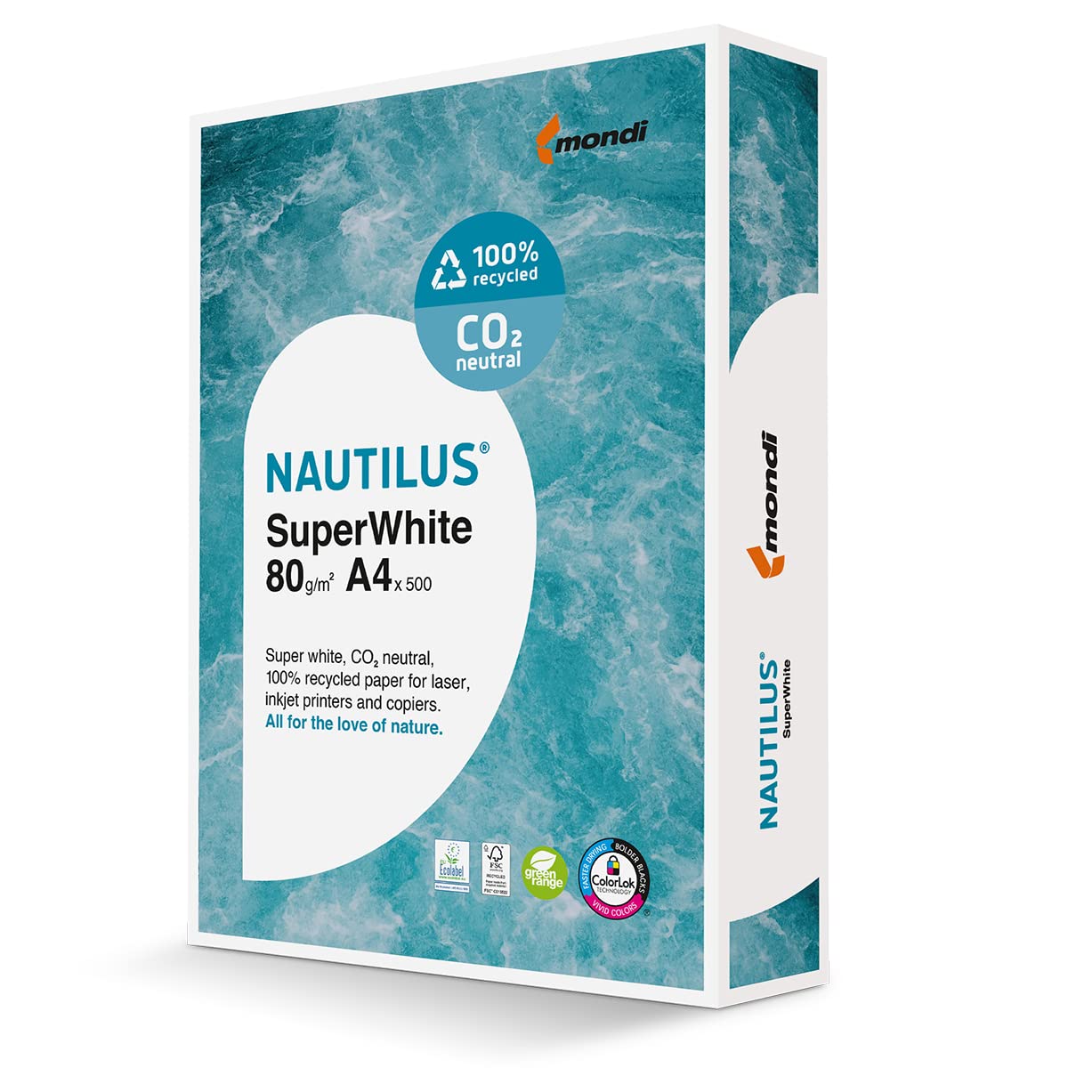 Neusiedler Mondi Recycling-Papier premium, Druckerpapier Nautilus Superwhite: 80 g/m², A4, 2500 Blatt (5x500), matt, ungestrichen, hochweiß, 88020366