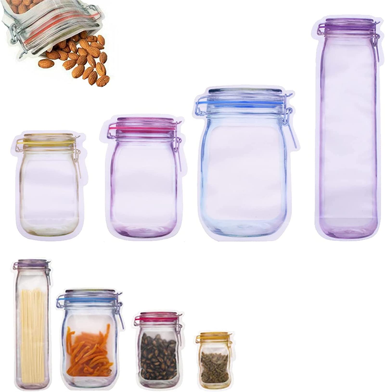 Reusable Mason Bottle Ziplock Bags, Airtight Seal, Leak Proof Food Storage Snack Saver Pouches, Stand Up Container Retail Package (4pcs)