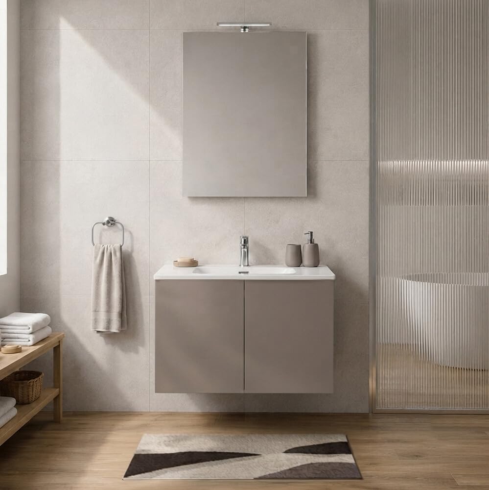 Mobile Bagno Sospeso 80 cm Tortora – Mobiletto Lavabo Moderno a Due Ante Push and Pull – Mobile Già Montato con Lavandino ad Incasso Linea Tierra