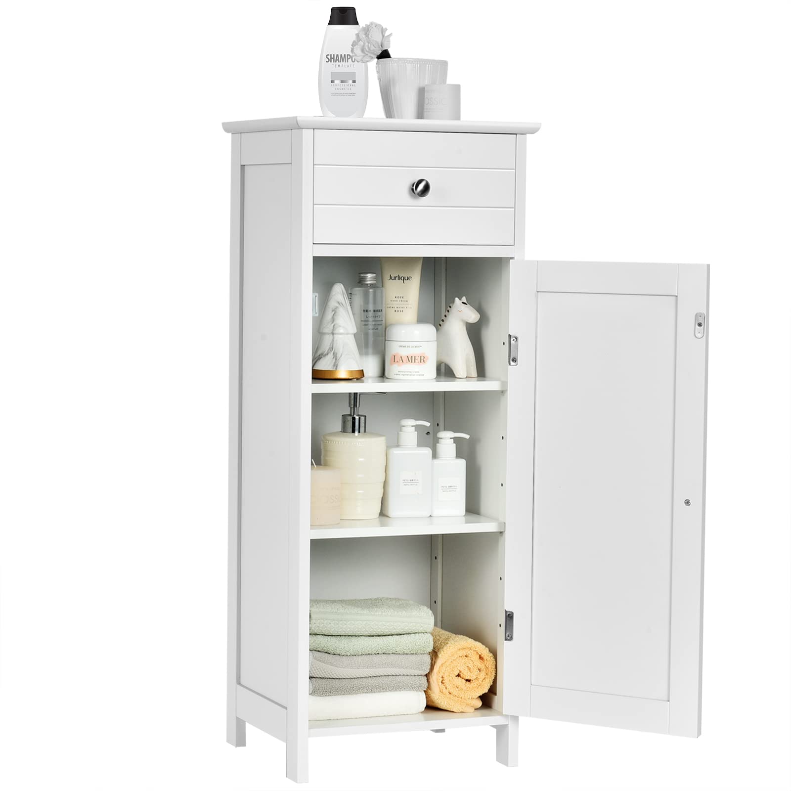 Multigot Bathroom Floor Cabinet, Wood Storage Cupboard with Drawer, Adjustable Shelf & Magnetic Door, Freestanding Toilet Organizer Unit for Bedroom Living Room Entryway(White,7-Position Adjustable) — image 1