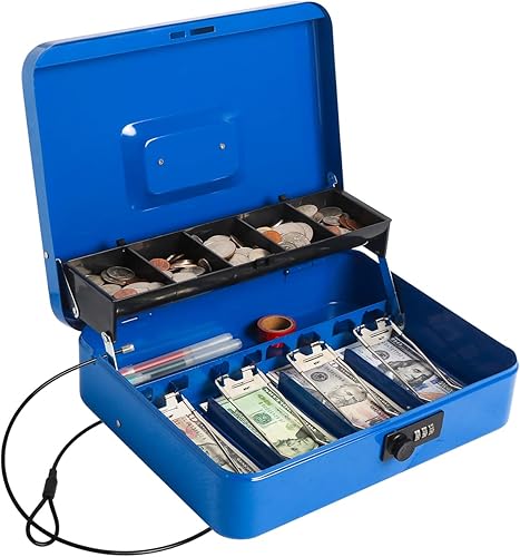 Miniatura 14 de Caja de efectivo con cerradura de combinación, caja fuerte para dinero en efectivo, caja de seguridad con cable de seguridad, 11.8 x 9.5 x 3.54