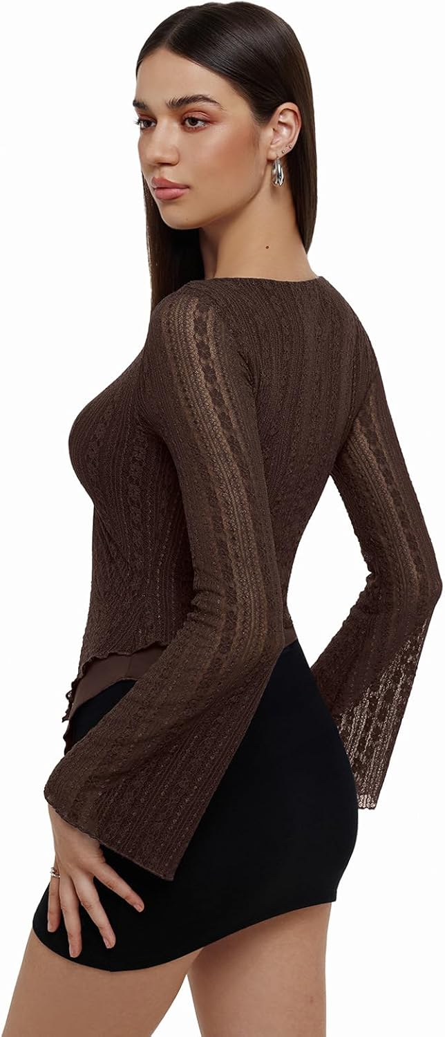 REORIA Women's Lace Mesh Boat Neck Bell Long Sleeve Tops Y2k Going Out Asymmetrical Tops 2025 Fall Fashion - Image 4
