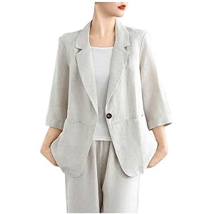 Cotton Linen Blazer for Women Lightweight Summer Blazers Dressy Casual One Button 3 4 Sleeve Jacket with Pocket
