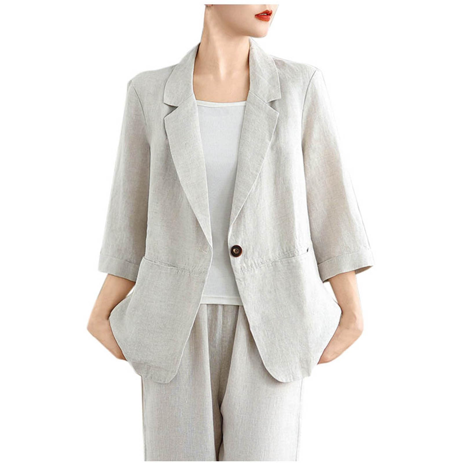 Cotton Linen Blazer for Women Lightweight Summer Blazers Dressy Casual One Button 3 4 Sleeve Jacket with Pocket