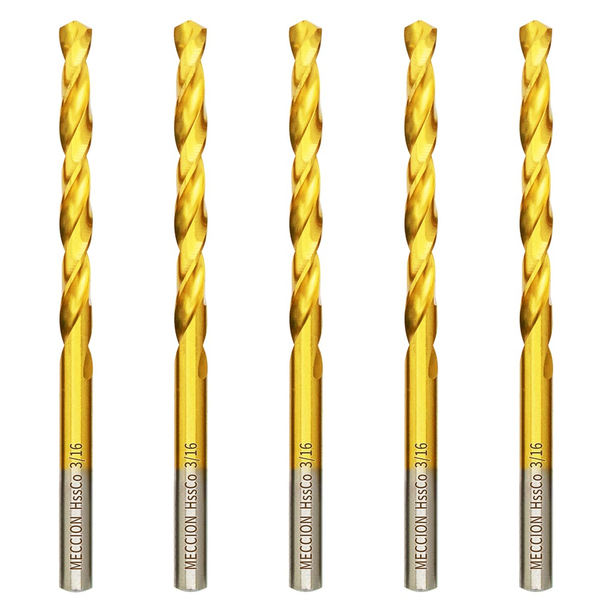 Meccion Cobalt Drill Bits 3/16 in. x 3-7/16 in. x 5pcs M35 Cobalt Titanium Nitride Coated Drill Bit for Metal, Steel, Cast Iron, Wood, Plastic