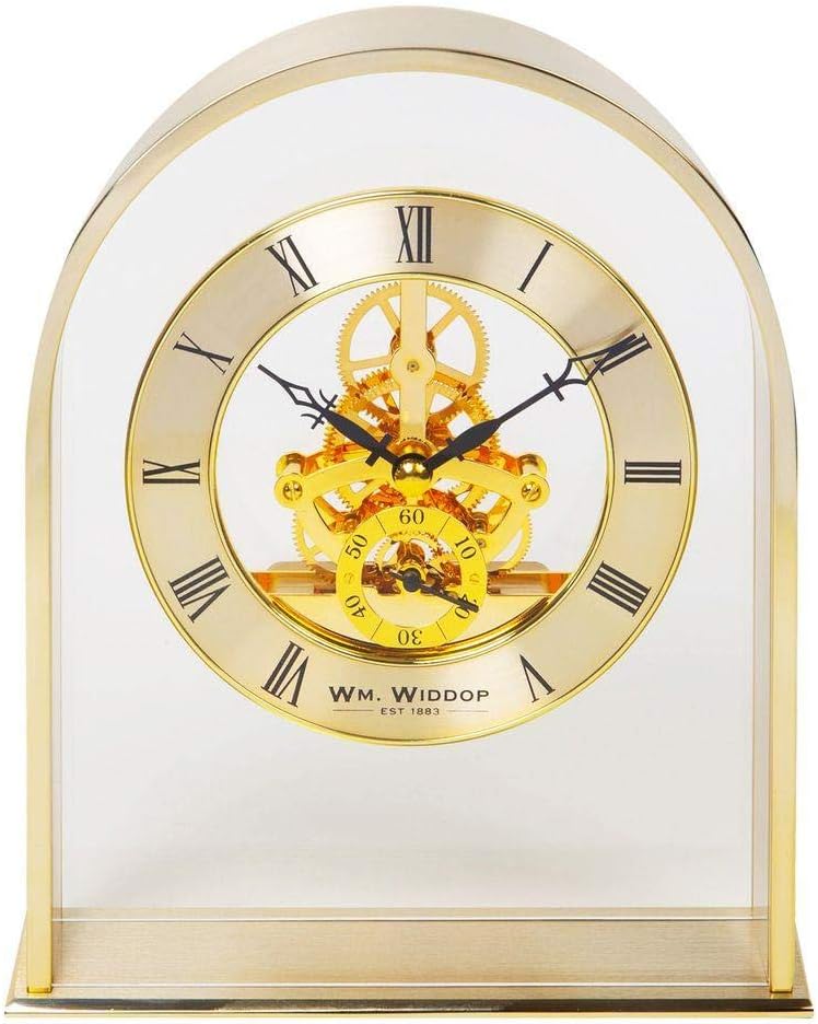 Wm Gold Effect Arch Mantel Clock with Skeleton Movement Dial