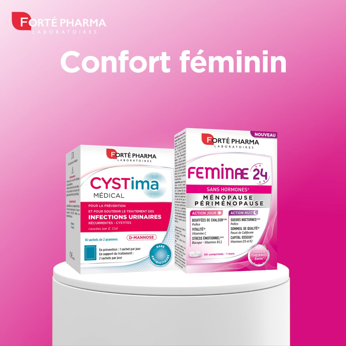 Forté Pharma – Féminae 24 – Sans Hormones | Complément Alimentaire Ménopause à base de Plantes et Vitamines - Beta alanine, Lavande, Vitamine B12, Pollen - Energie, apaisement, Sommeil | 60 comprimés