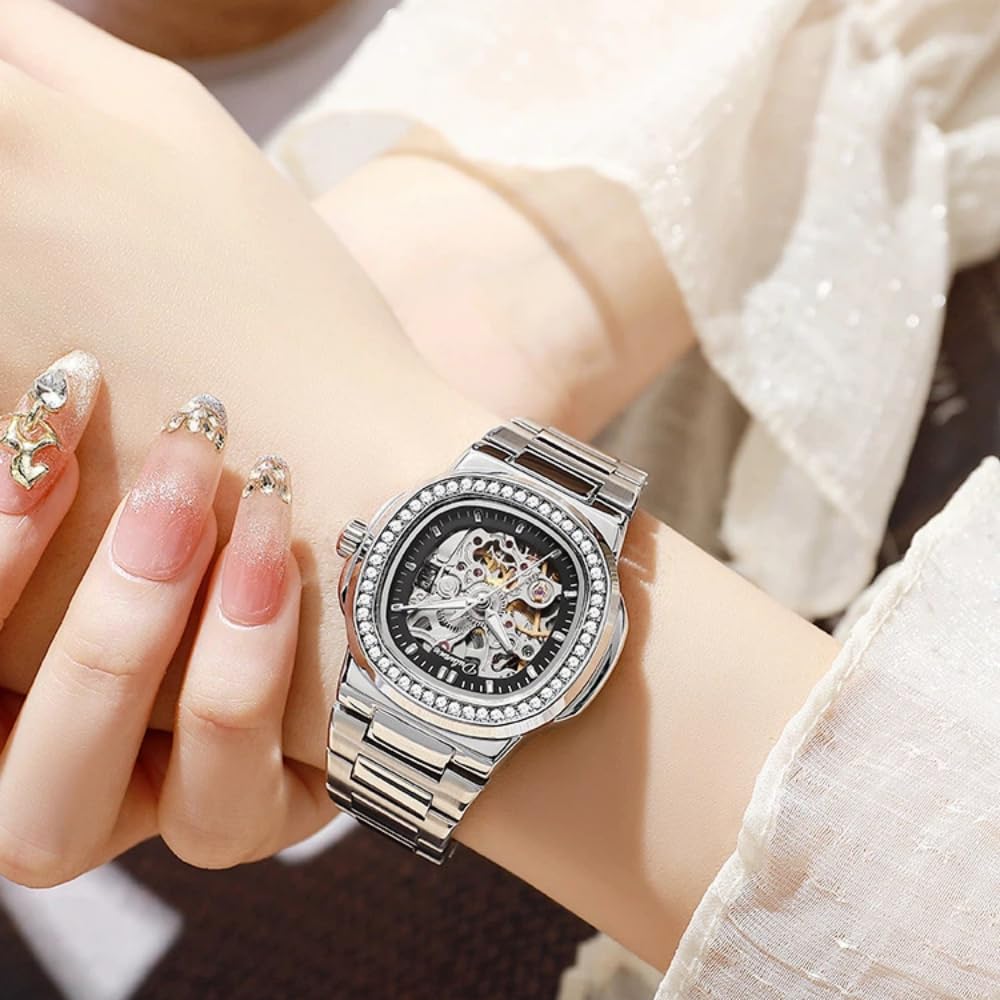 Damen Ausgehöhlte Skelett Vollautomatische Mechanische Uhr Mode Diamant eingelegte Lünette Uhr Leuchtende Wasserdicht Elegant Luxus Armbanduhr