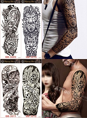 DaLin 4 Sheets Extra Large Temporary Tattoos, Full Arm (Set 4)