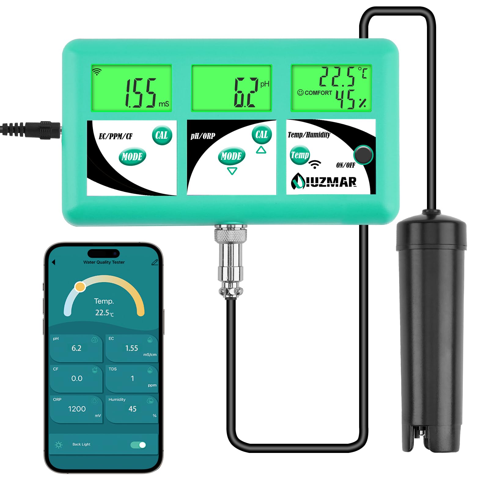 UIUZMAR pH EC TDS Messgerät für Hydrokultur, 7 in 1 pH EC PPM 500 PPM 700 CF Temperatur Luftfeuchte Monitor für Aeroponik, Kontrolle des Leitfähigkeits pH Werts der Hydrokultur Nährlösung