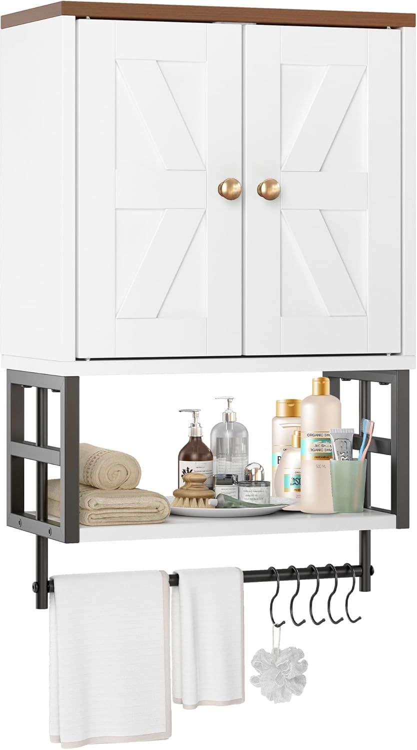 Farmhouse Medicine Cabinet - 3-Tier Wall Mounted Storage Organizer with Adjustable Shelves, Towel Bar, 5 Hooksfor Small Bathroom, Laundry Room, Over Toilet, Living Room, Bedroom (White)