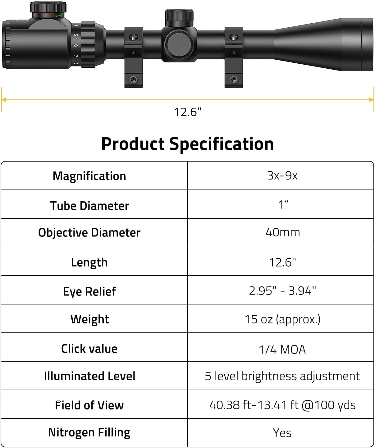 CVLIFE 3-9x40 Rifle Scope, Red & Green Illuminated Optical Riflescope, 1 inch Tube Scope for Hunting with Mounts