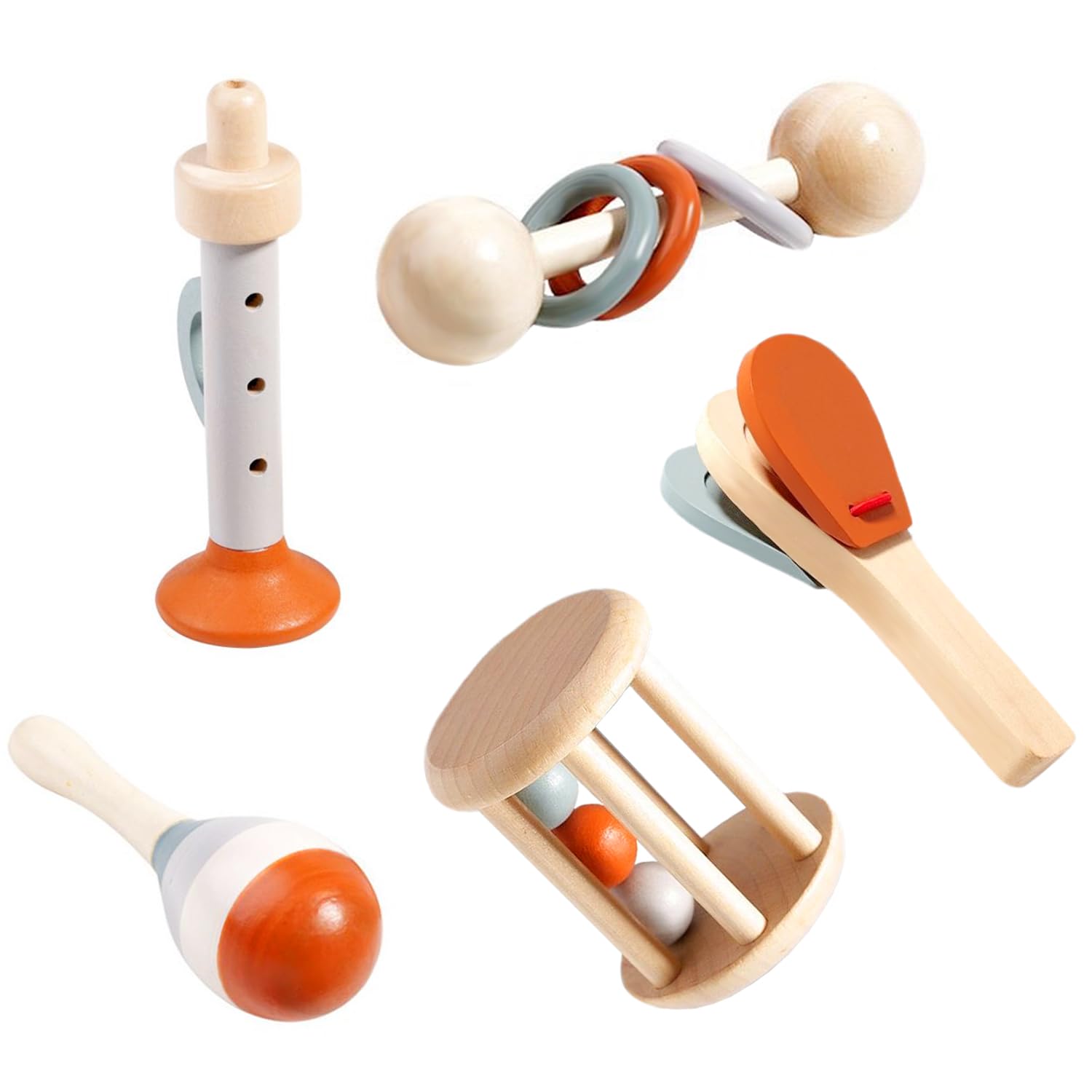 Wooden Baby Rattle, Organic Colorful Baby Rattles Set, Toddler Hand Wooden Rattles Toy Set for Infant Grasping, Sensory Development, Gift for Baby Boys Girls 5pcs-1