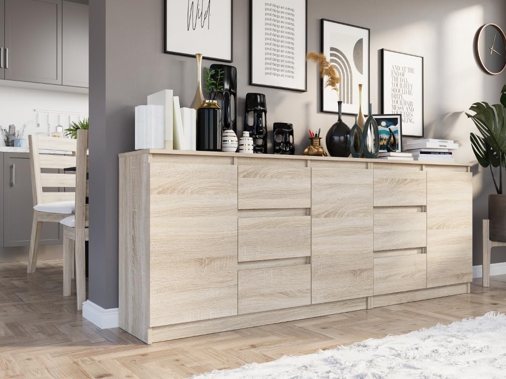 Commode Moderne 200 cm, Buffet Bas avec Rangement, Meuble de Rangement pour Salon, Chambre, Bureau et Entrée, en Panneau Laminé, 200 x 33 x 76 cm - Modern R-200-S6
