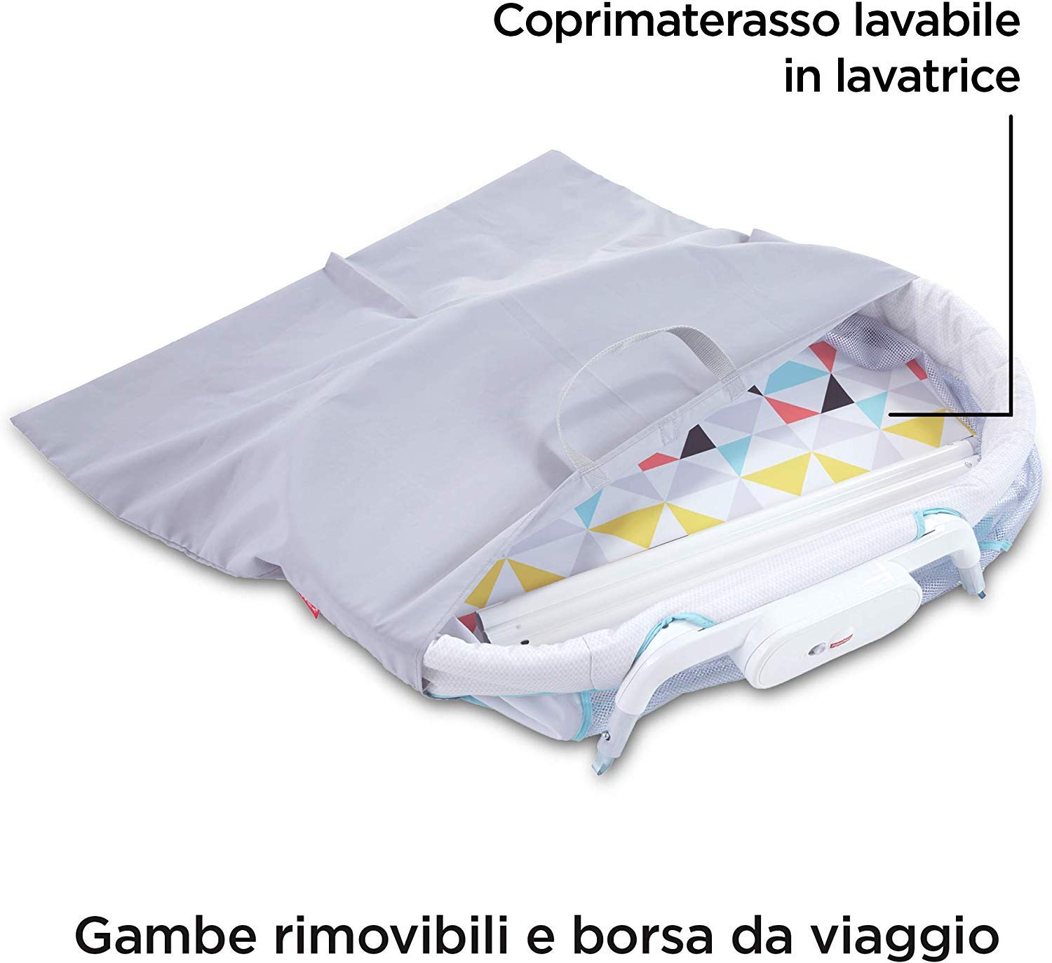 Fisher-Price - Dolci Sogni Culla per Neonati, Include Gambe Rimovibili e 1 Pratica Borsa da Viaggio, Multicolore, GBR67