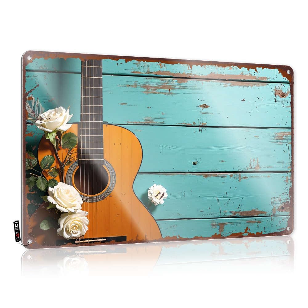 Acoustic Guitar With White Roses On Rustic Wooden Background. Decore Scoreboard Hanging | Cottage Cool Wall Art Welcome Vintage Metal Wall Decor(30X40CM)