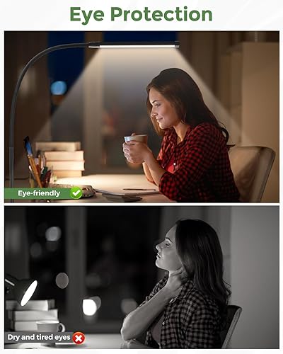 Miniatura 3 de CUHIOY Lámpara de escritorio con abrazadera de metal, lámparas LED de lectura de mesa para oficina en casa, 3 colores, 10 iluminaciones, cuello de