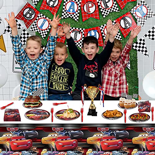 51 Pcs Car Party Supplies-Racing Car Tableware Set For Boys Birthday Dinner Dessert Cake Plates,Napkins,Forks,Tablecloth,Lightning Cars Party Decorations Serves 10 Guests #TOP1