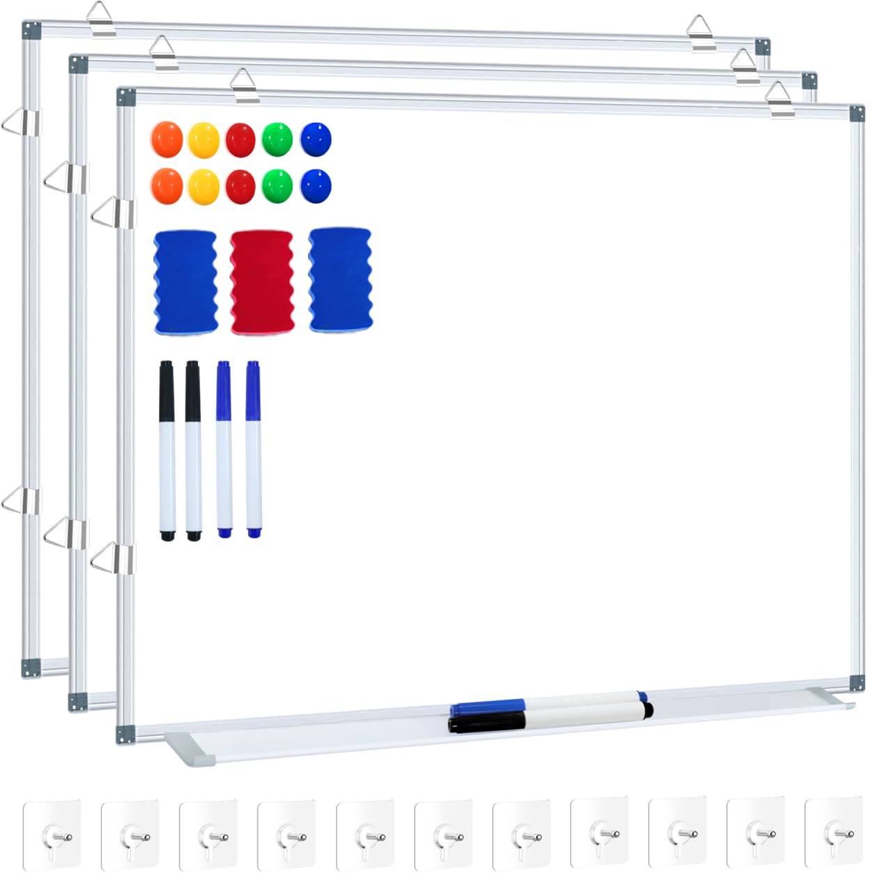 Biała tablica suchościeralna na ścianę, 24 x 18 (3 szt.) tablice magnetyczne do biura, klasy i domu, mała tablica ścienna w zestawie 6 markerów, 10 magnesów, 2 gumki i 15 haczyków samoprzylepnych