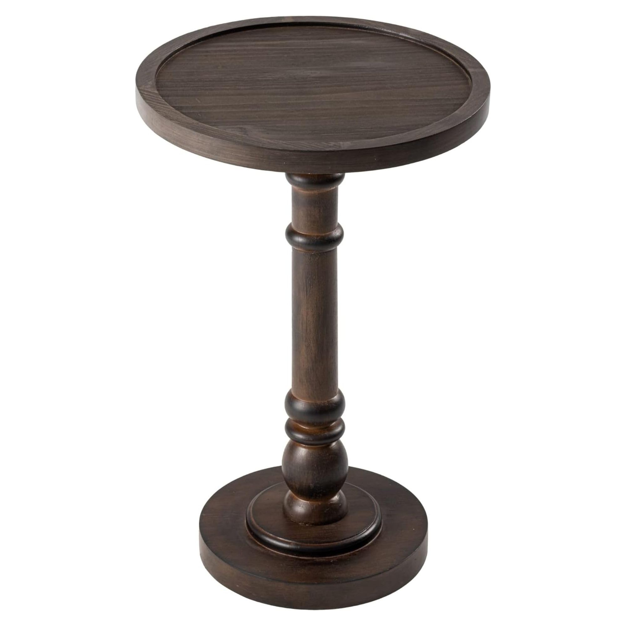 Traditional Rustic Pedestal Table, Round Tray Top End Table with Farmhouse Style Distressed Finish for Small Spaces, Dark Brown