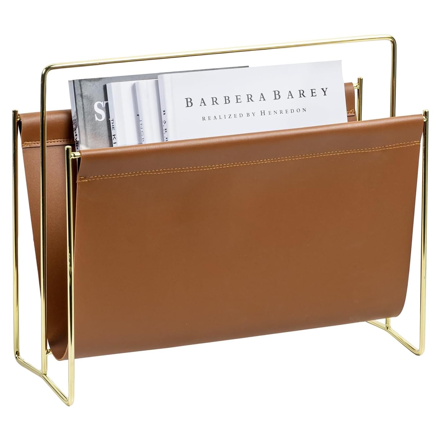 MyGift 15-Inch Magazine Holder in Brown Leatherette and Brass Plated Metal