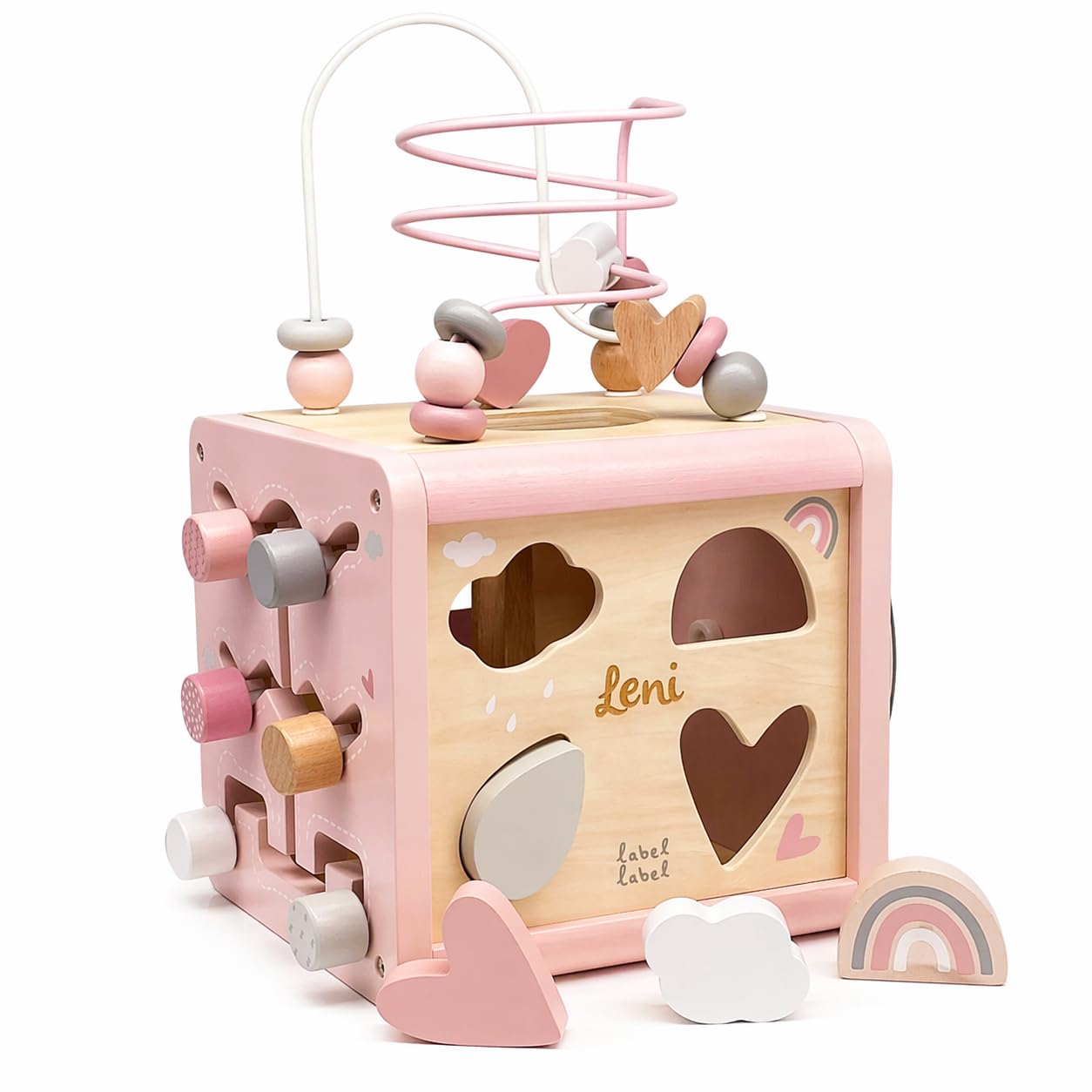 Motorikwürfel aus Holz personalisiert – Rosa – Spielzeug ab 12 Monate – Geschenk für Babys & Kleinkinder