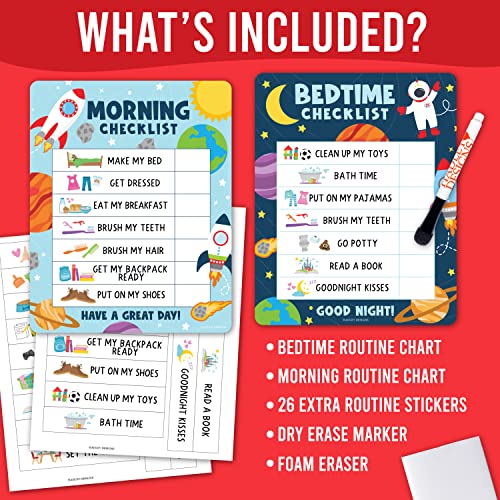 Image of Magnetic Morning & Bedtime Routine Chart for Kids - Customizable Toddler Daily Schedule Board with Dry Erase Surface, Stickers & Marker, Build Habits with Visual Checklists, Space Theme