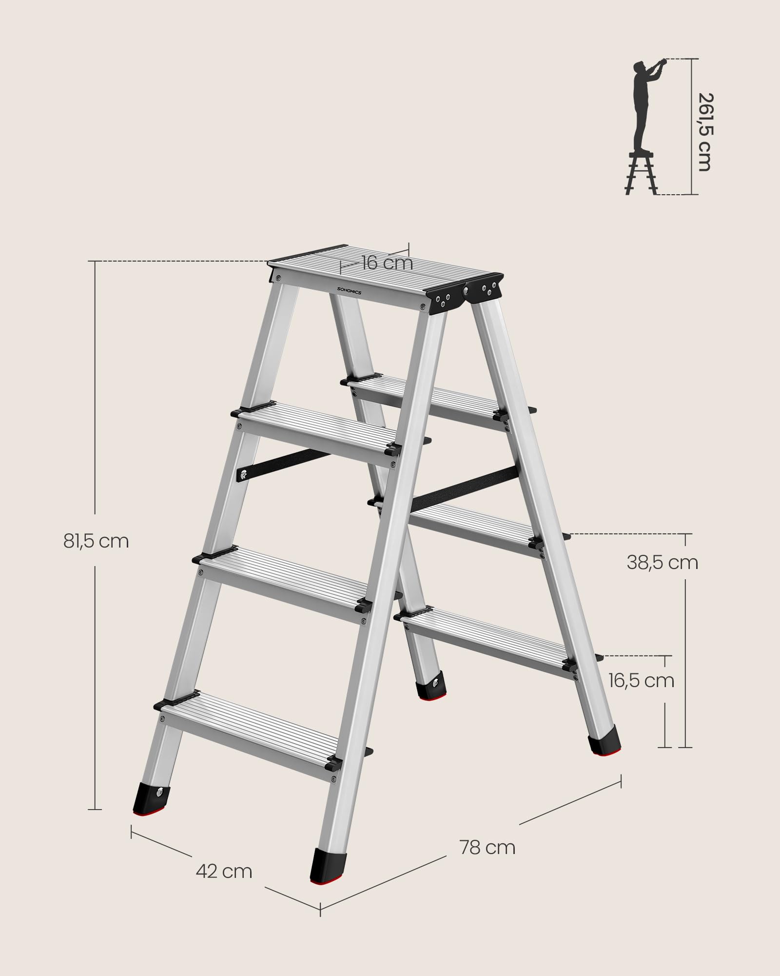 SONGMICS Drabina, schody, drabina aluminiowa z 4 antypoślizgowymi stopniami, składana, schody, drabina wielofunkcyjna, nośność do 150 kg, srebrno-szary atrament czarny GLT014E01