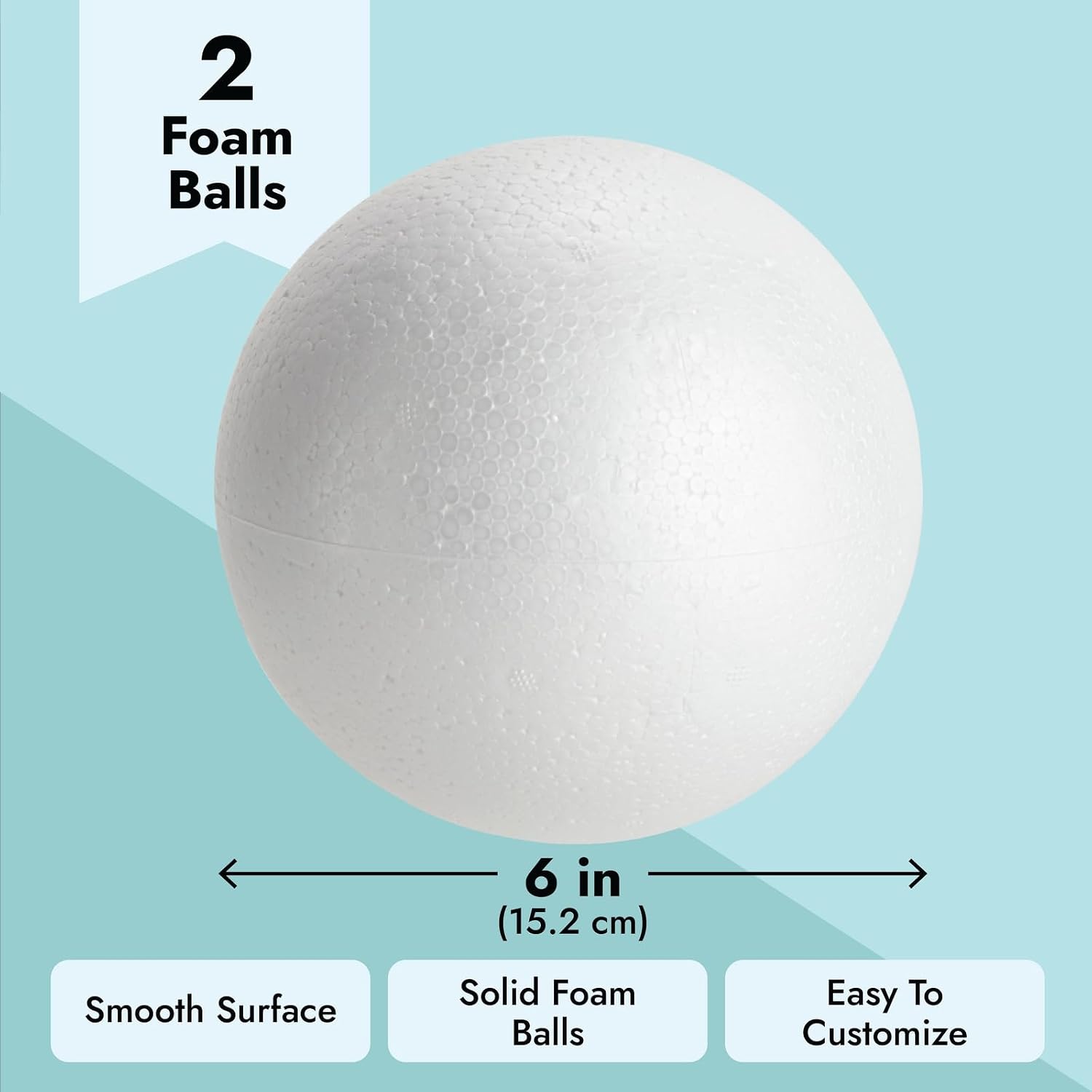2 Pack Large Foam Balls for Crafts, 6 Inch Solid Polystyrene Spheres for Party Decorations, School Supplies, DIY Projects, Modeling, Ornaments (White)