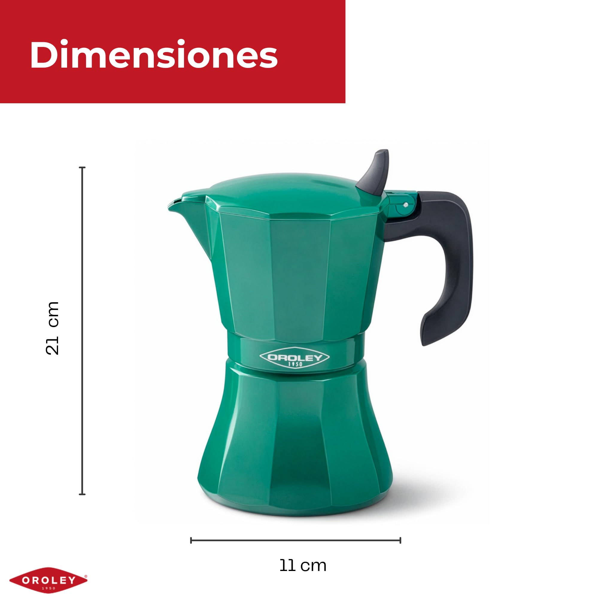 Oroley Petra Italienische Kaffeemaschine für 9 Tassen | Edelstahlboden | geeignet für Induktion, Glaskeramik, Feuer und Gas | Traditioneller Stil | Grün
