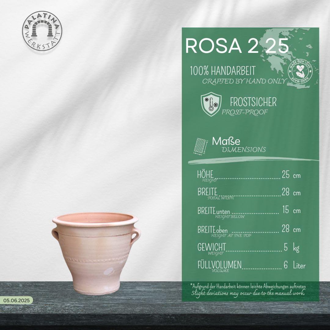 Palatina Werkstatt 100% ręcznie wykonana doniczka z terakoty, różowa, 25 cm z Grecji – ekskluzywna i naturalna atmosfera do ogrodu i domu