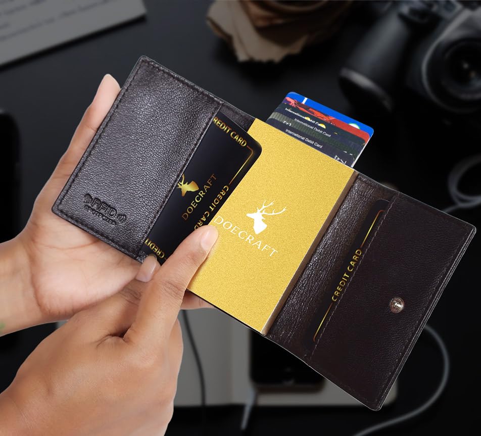 Image of Men's Genuine Leather RFID Wallet | Premium Slim Red Wallet for Men with Deer 3D Print | 8 Card Slots Secure and Durable | Casual Stylish | Formal & Gifting Use, Golden (Brown)
